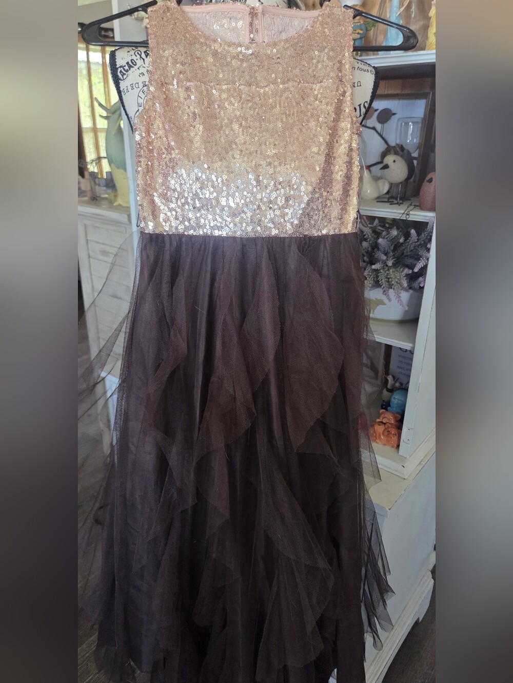 Gold Sequin Bodice with Chocolate Brown Tulle Skirt Formal Dress